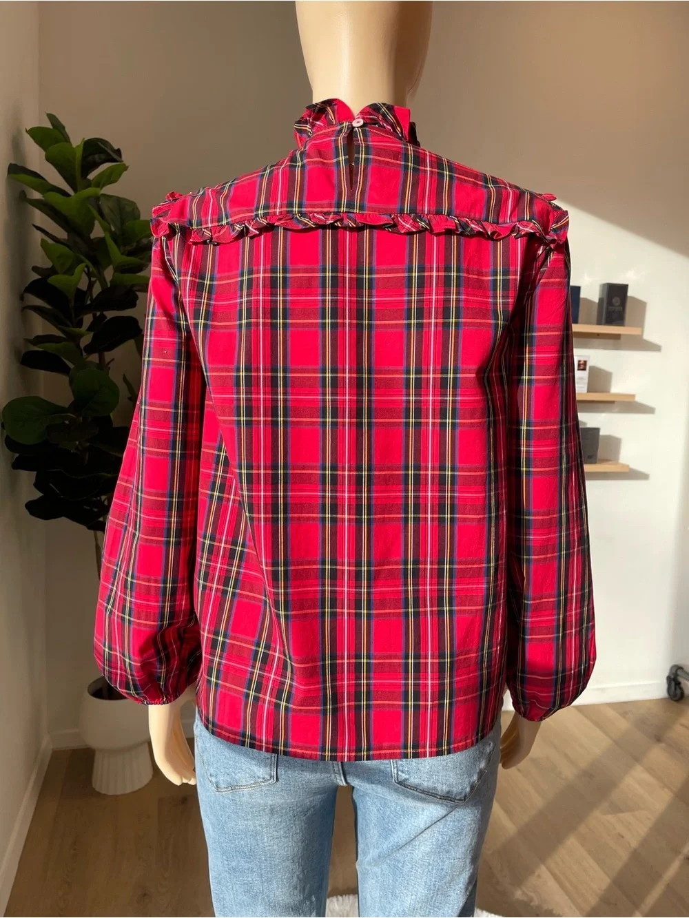 J. Crew Red Plaid Ruffle-Neck Long Sleeve Blouse